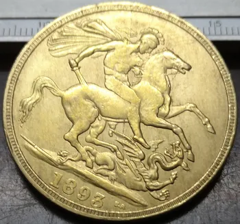1893 Великобритания £ 5 - 3-та портрет на Виктория .9999 Копие на монети от чисто злато с покритие
