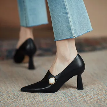 Дамски модни светло кафяв висококачествена обувки на ток за есента и пролетта, дамски класически Удобна Стилна черна обувки, големи размеры35-42