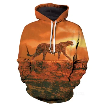 Мъжки Пролетен hoody с качулка, Ежедневни hoody с дълъг ръкав и 3D цифрово принтом, пуловер с изображение на Леопард в Джунглата за мъже и жени, Hoody с качулка за мъже