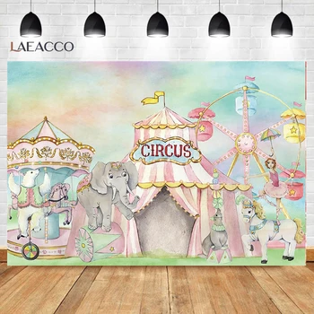Laeacco Цирк На Тема Рожден Ден Снимка На Фона На Сладък Животни Виенско Колело Палатка За Детската Душа Портрет Персонализирани Фонове