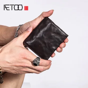 Мъжки ултра-кратък портфейл AETOO, кожена кесия в ретро стил, компактен кожен портфейл