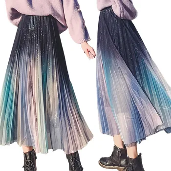 Дамски корея пола Наклон цвят от Модерен Вкара Прежди с висока Талия, Плиссированная Пола със средна дължина