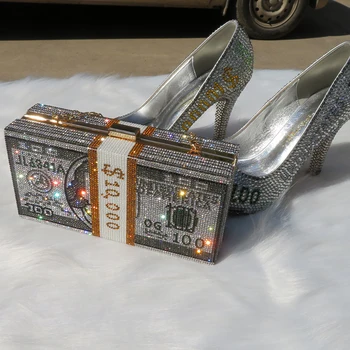 Модерен комплект обувки и чанта в долари с кръгло бомбе, дамски модни обувки, обувки-лодка на висок ток, вечерни модел обувки за партита, дамски обувки Голям размер