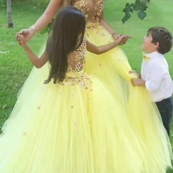 DlassDress/2019 Бална рокля, Жълта Рокля с Цветя модел за Момичета на Сватба, Сладка Принцеса Рокля с Дължина до пода, Пищни Тюлевое
