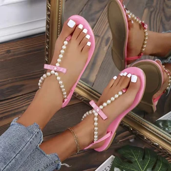 2022 Летни дамски сандали на равна подметка с нитове, Сандали дантела с перли, Дамски обувки 42, Модерни плажни розови обувки без закопчалка
