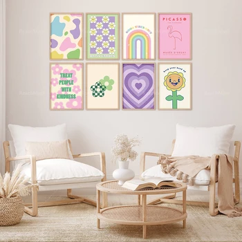 Датски плакат в пастелни цветове, модерен принт, естетически стенно изкуство, дъга принт, пастельная лилаво пастельно-зелена стена на галерията, интериор на хотел, Y2K